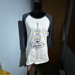 Disney Parks Epcot France Pavilion Raglan Tee Shirt Large Macaron Graphic NWT